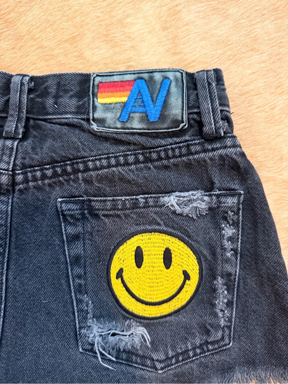 Aviator Nation black distressed Denim Women’s Shorts with Yellow Smiley Patches - Picture 2 of 5